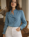Chemise en 100% coton - Denim bleu à volant